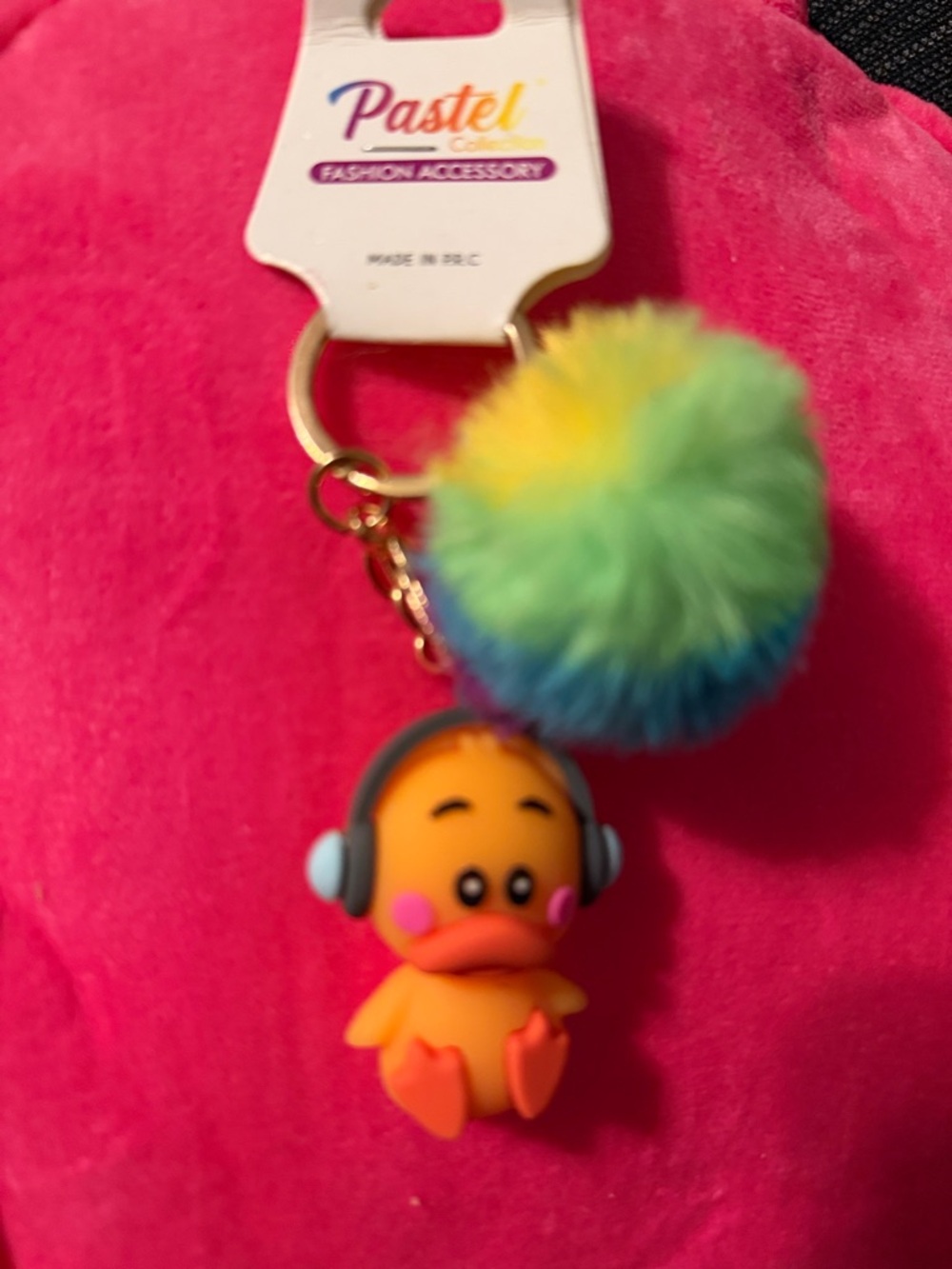 Pastels Orange Duck Keychain with Rainbow Pom-Pom